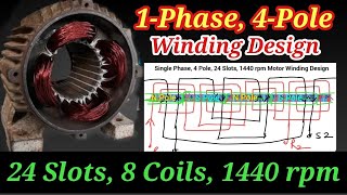 Single Phase 24 Slots, 4 Pole High Speed Motor Winding Design ll 1440 rpm Motor Winding connection