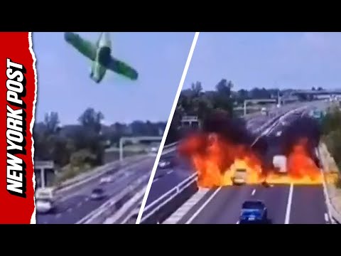Horrific moment plane nosedives onto a highway in Italy, engulfing cars in flames | New York Post