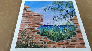 Broken Brick wall and Seascape Acrylic Painting ||simple and easy