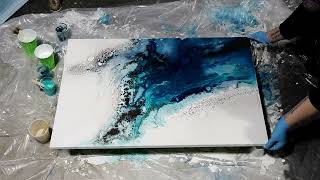 (816) Gorgeous Prussian Blue and Ocean Green Acrylic Pour Painting with Spray Paint