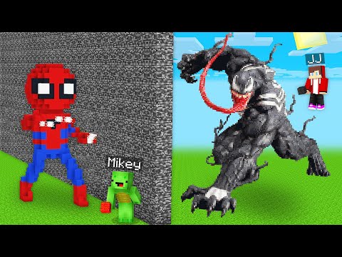 JJ and Mikey CHEATED with SPIDER MAN vs. VENOM Build Battle- Maizen Parody Video in Minecraft