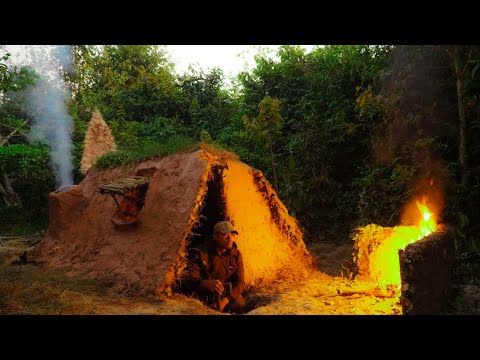 Start To Finish, Build Warm Survival Shelter Mud Roof Grass, Fireplace With Clay
