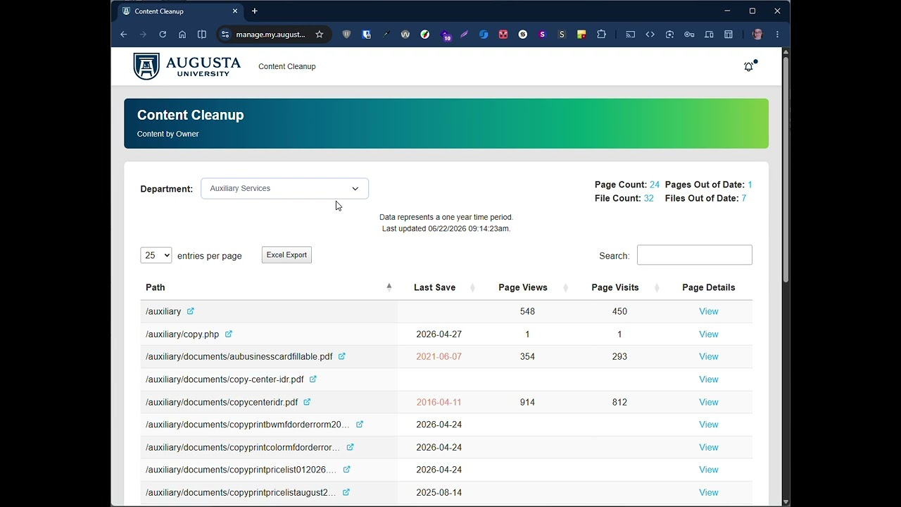 Screenshot of the content cleanup tool