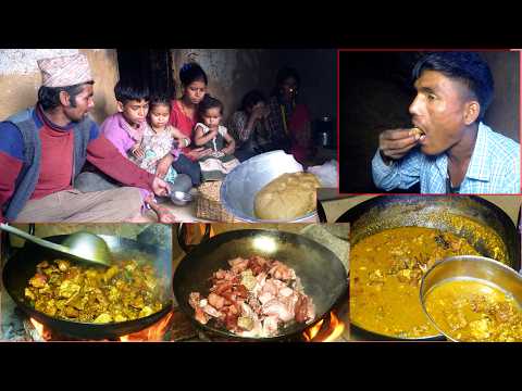 BUFF fry curry & bread in the family kitchen of dharme brother || rural Nepal || @junglefamily
