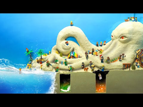 Giant Octopus Sea Monster Sand Island Hit By Tsunami - Lego Dam Breach Experiment VS Wave Machine