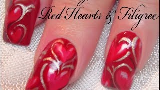 Valentine's Day Nail Art Tutorial | Red Heart Nails with Filigree Design