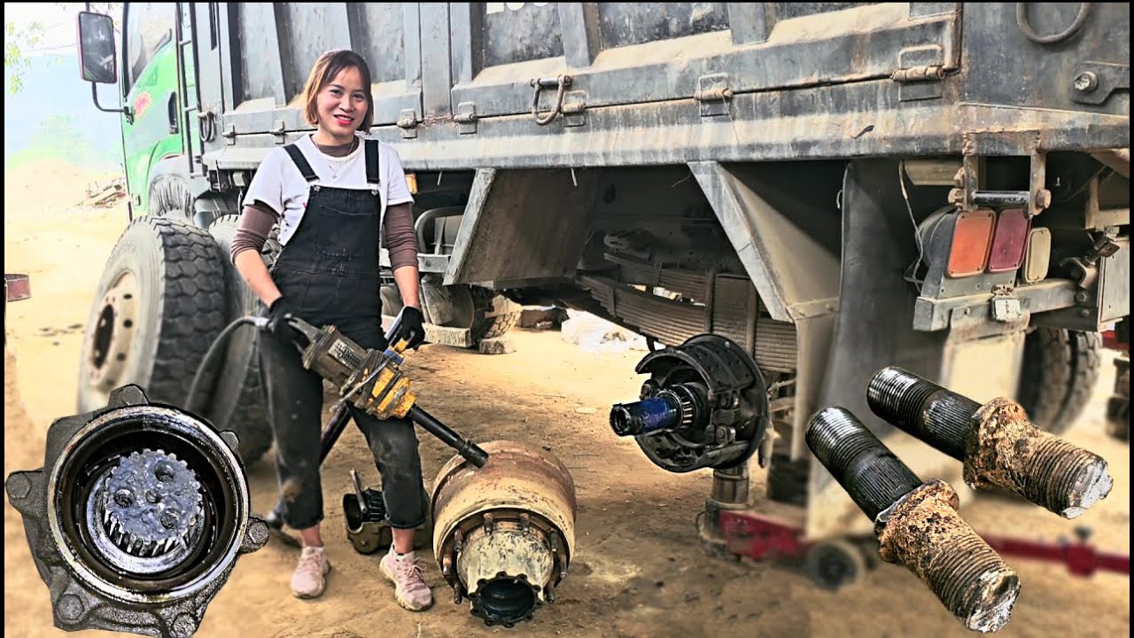 WHEEL BOLT REPLACEMENT AND REPLACE TRANSMISSION TAIL SEAL FOR HEAVY DUTY TRUCK BY A MECHANIC GIRL