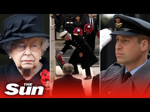 Royals look sombre at Remembrance Sunday service at Cenotaph after Queen pulls out with back sprain
