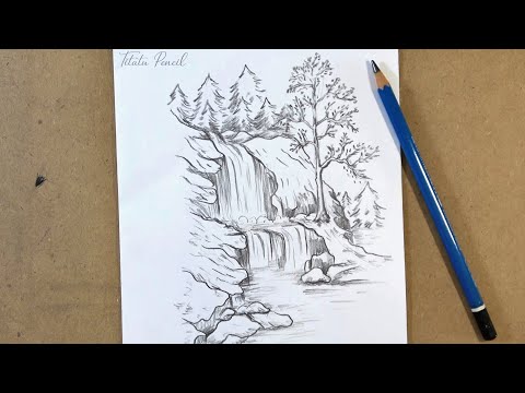 How to draw waterfall landscape scenery with pencil | Pencil Drawing