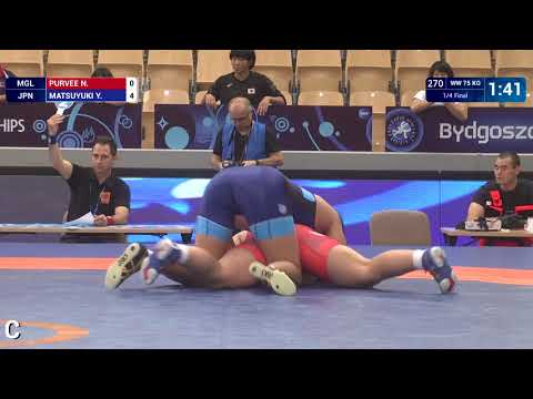 1/4 WW - 75 kg: Y. MATSUYUKI (JPN) df. N. PURVEE (MGL) by VSU, 10-0