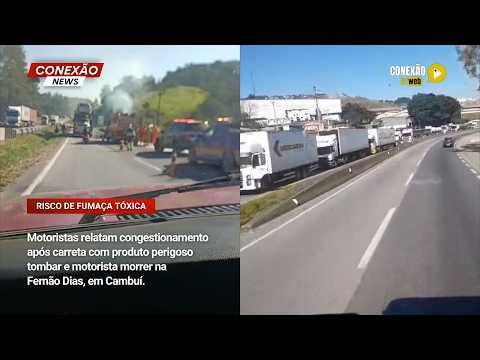 Vídeo: Motoristas relatam congestionamento após carreta com produto perigoso tombar e motorista morrer na Fernão Dias, em Cambuí.