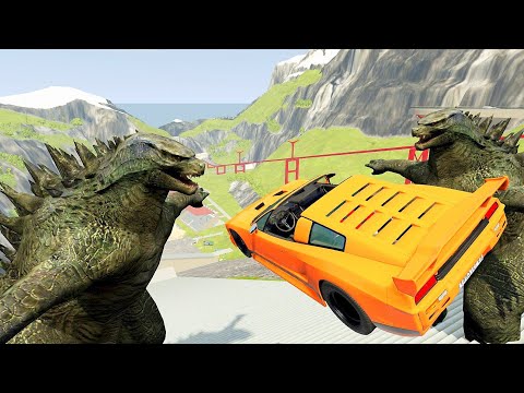 Crazy Vehicle Stairs Jumps Down Between Two Godzillas (Crash Test) - BeamNG.Drive Stairs Jumps