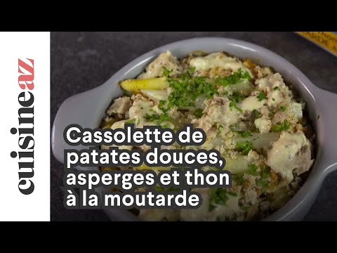 Cassolette de patates douces, asperges et thon à la moutarde