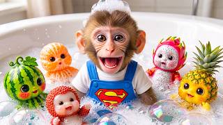 Download lagu Cute Mono Monkey Saves Colorful Fruit Babies from Mud and Then Takes a Bubble Bath Together mp3