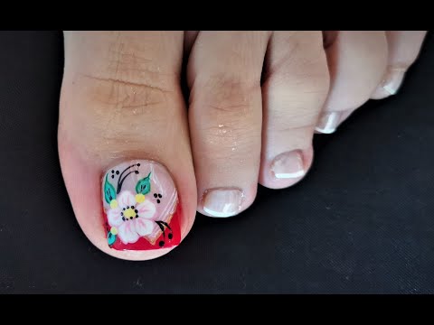 DISEÑO DE UÑAS PARA PIES FLOR Y FRANCES SENCILLA – FLOWERS NAIL ART – FRENCH NAIL ART – NLC