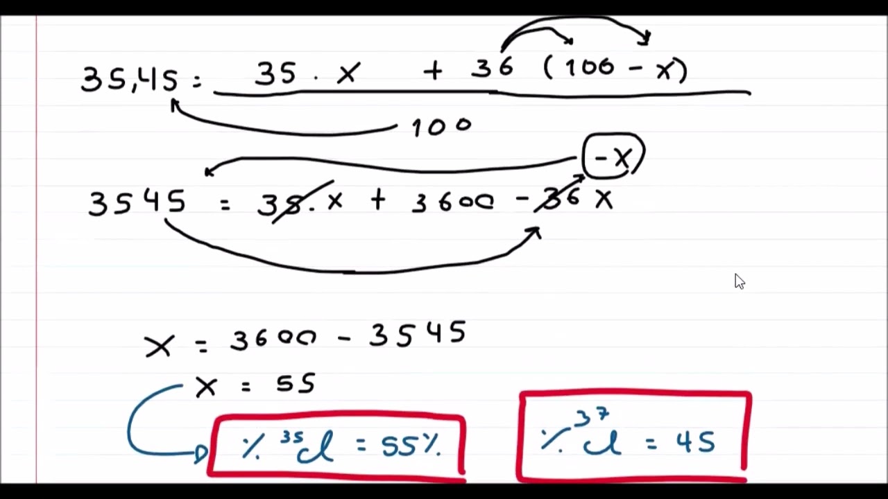 Como calcular o percentual de dois isótopos na natureza com a massa atômica desse elemento.