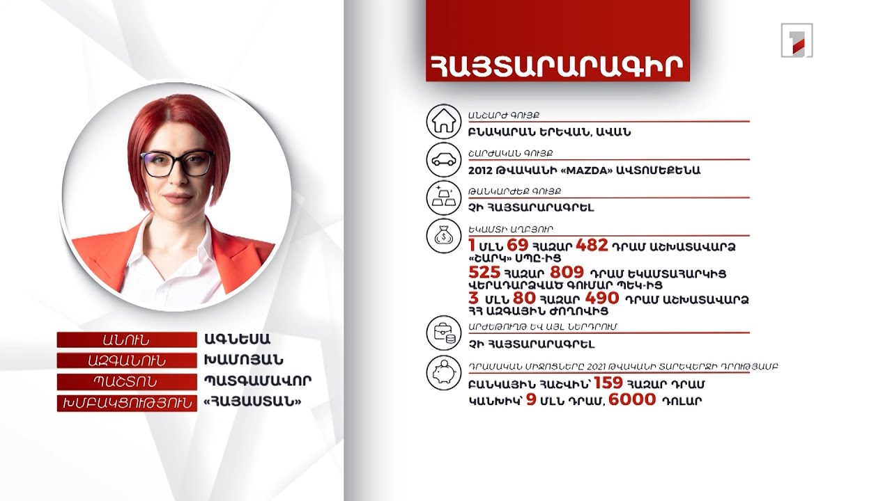Բնակարան, ավտոմեքենա, 9 մլն դրամ. պատգամավոր Ագնեսա Խամոյանի հայտարարագիրը