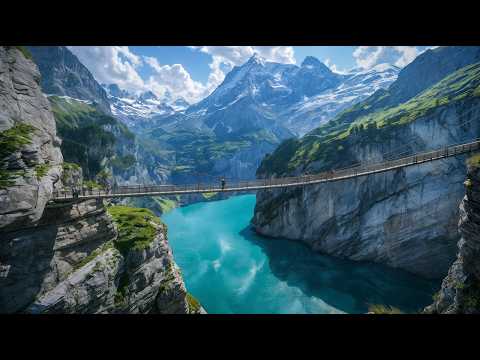 Switzerland 4K Walk – Breathtaking Suspension Bridge in the Swiss Alps | Rain Ambience (No Talking)