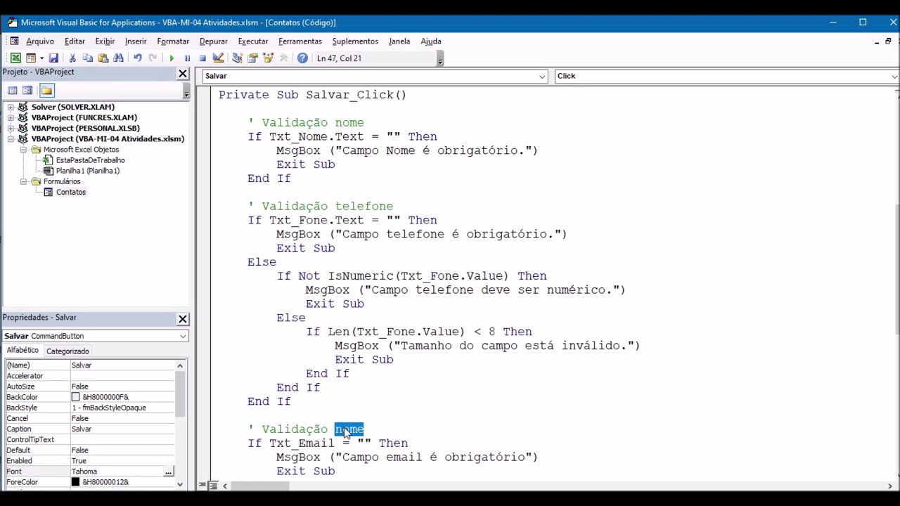 VBA 34 Programando o botão SALVAR no Userform VBA