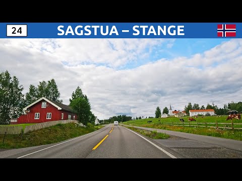 Driving in Norway. A road in Innlandet county between Sagstua and Stange. 4K