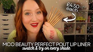 SWATCH & TRY ON *EVERY SHADE* OF MCO BEAUTY PERFECT POUT LIP LINER! *NEW* Dupe Lip Liners ALL Shades