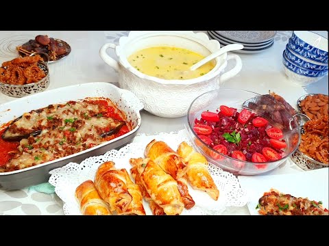 Gratinated Eggplants with Kefta, Puff Pastry Croissants with Kefta, Seafood Soup and Beet Salad