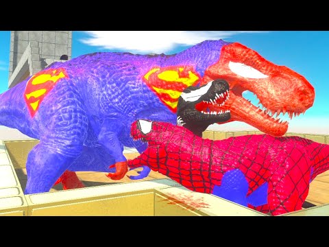 Venom and Spiderman T-Rex Team vs Superman T-Rex Death Fall - Animal Revolt Battle Simulator