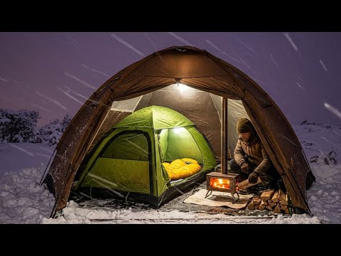 Tent Inside Tent | Winter Solo Hot Tent Camping in Heavy Snow | Snowstorm, Blizzard Camp | Wild Cook
