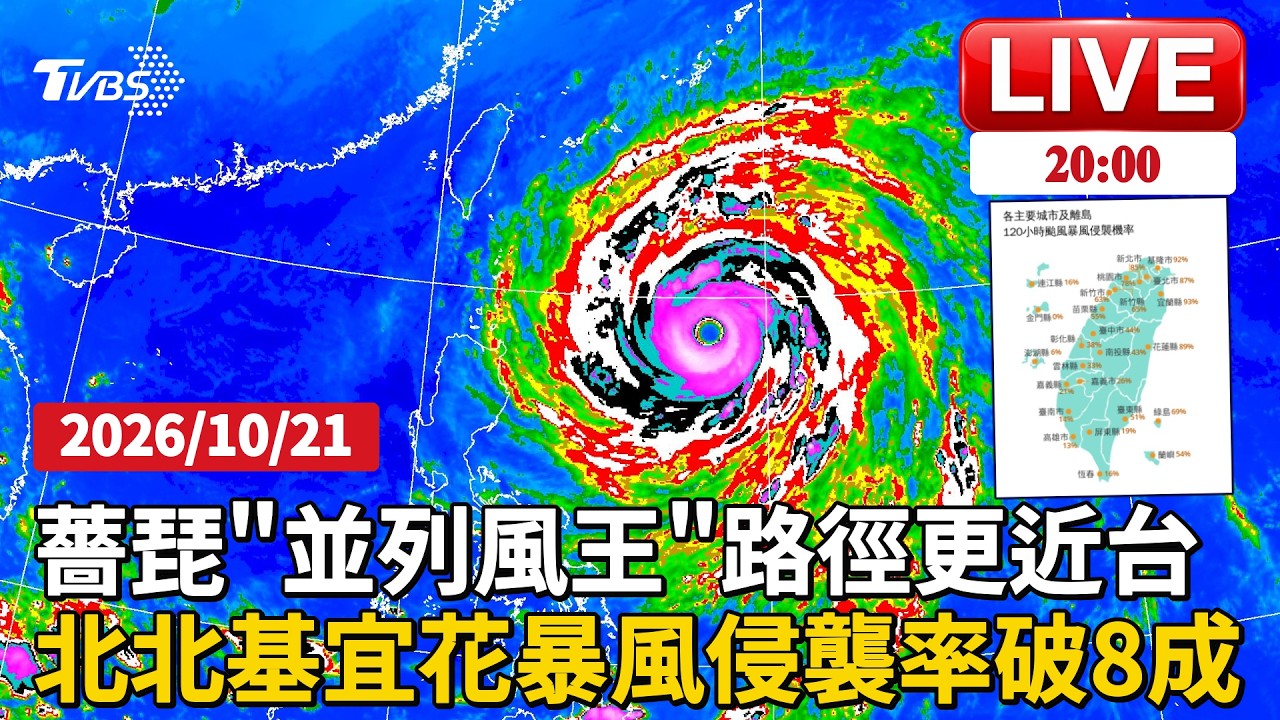 【LIVE】薔琵颱風路徑西修更靠近台灣!暴風圈侵襲率「基宜破9成」雙北也破80% 週五北台灣嚴防強風豪雨|20261021