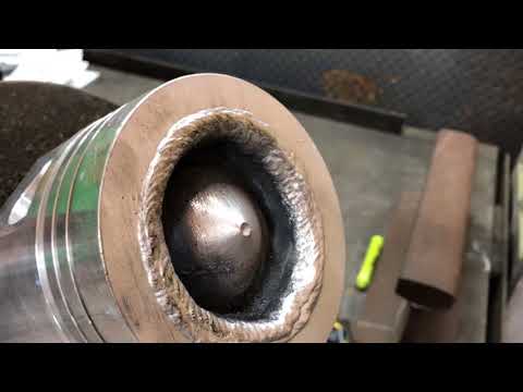 Welding up an aluminum piston in a rotary fixture with 5356 and double pulse