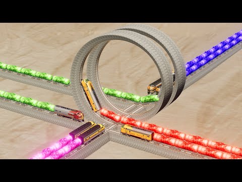 Impossible Side By Side Double Loop Rail Track Vs Multiple Train Crossing  -BeamNG.Drive