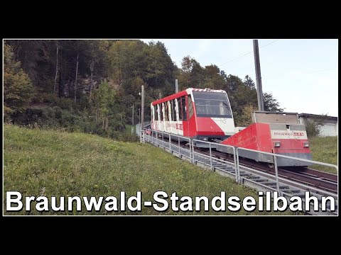 Swiss funicular railroad / Braunwald-Standseilbahn Talstation, Kanton Glarus, Schweiz 2021