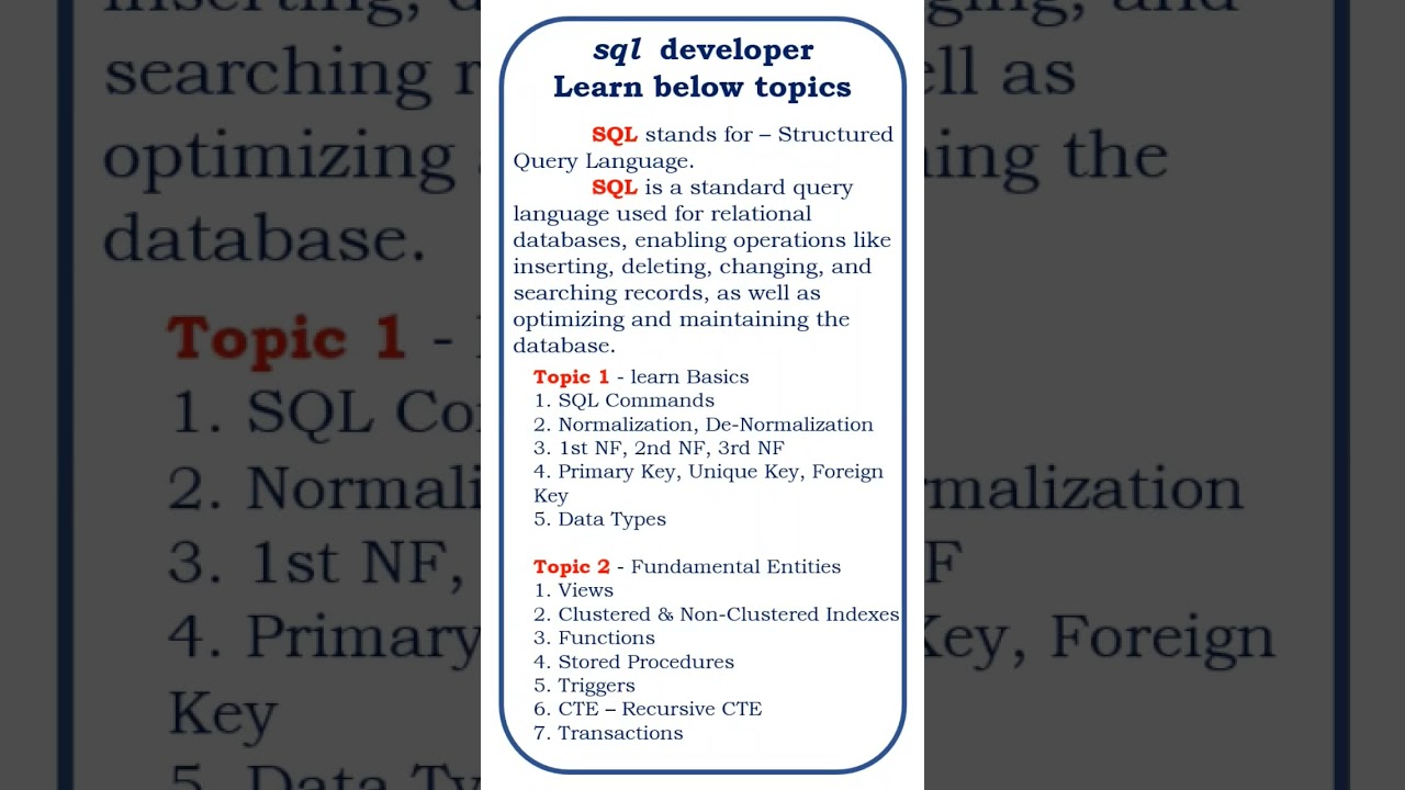 sql developer || sql developer job || sql topics #sqlforbeginners #shorts #viralshorts