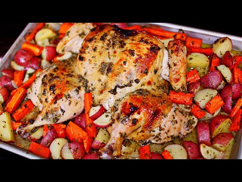 Juicy Roasted Spatchcock Chicken and Veggies Recipe - Easy One Pan Roasted Chicken Dinner