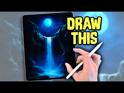 PROCREATE Landscape Drawing Tutorial - Moonlight Waterfall