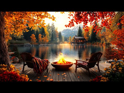 Cozy Autumn Sunny Day Ambience. Crackling Fire Pit with Nature Sounds. Pleasant Water and Birdsong