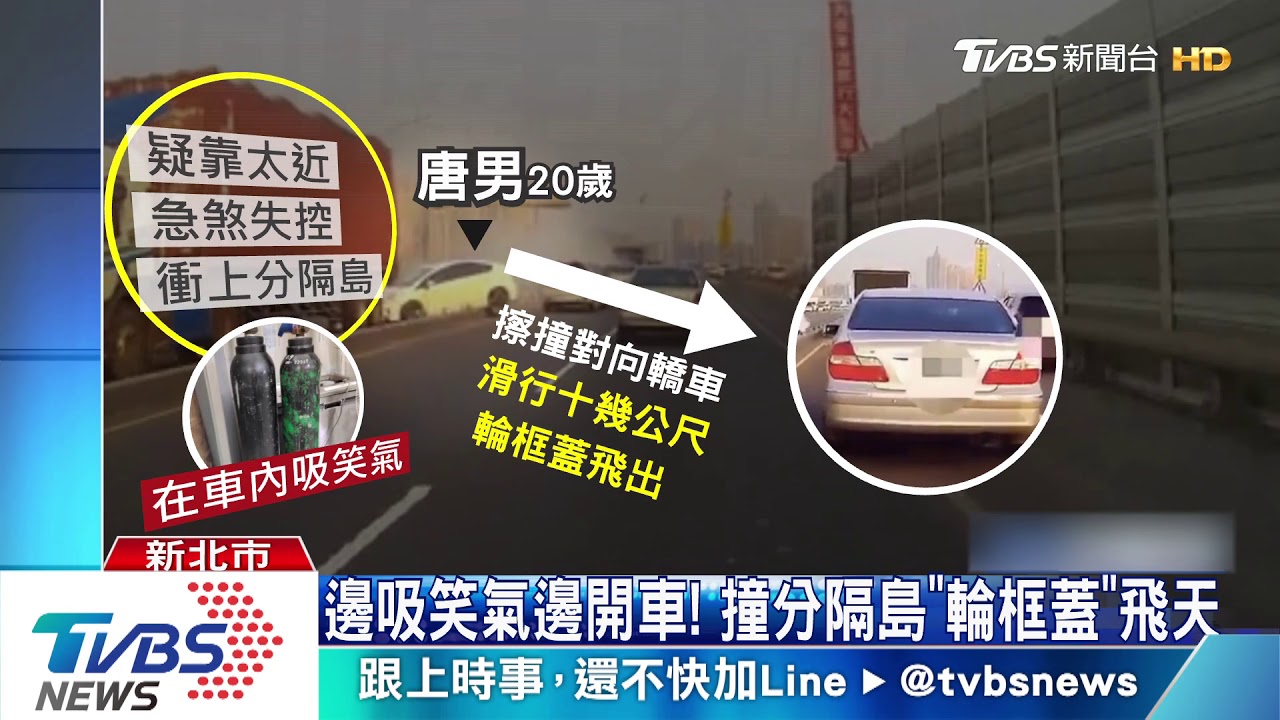 邊吸笑氣邊開車! 撞分隔島「輪框蓋」飛天