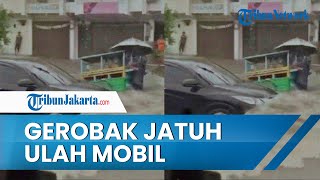 Viral Aksi Nekat Mobil Terjang Banjir hingga Pedagang Gerobak Sayur Terjatuh, Dagangan Berceceran