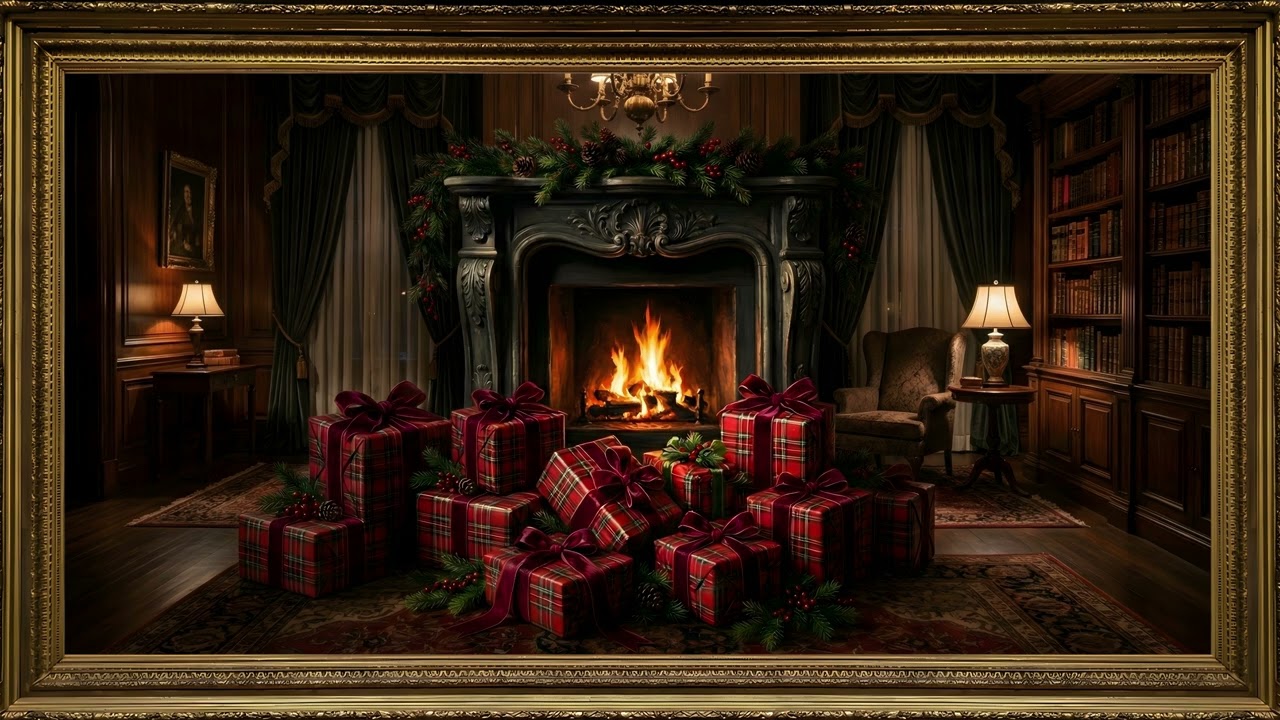 Christmas Fireplace Library Tartan Gifts Gold Frame TV Art | 2 Hours 4K — 4K ambient art screensaver in baroque gold frame