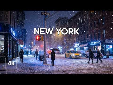 Snowy Winter Night Walk in Manhattan New York SNOW Walking Tour 4k