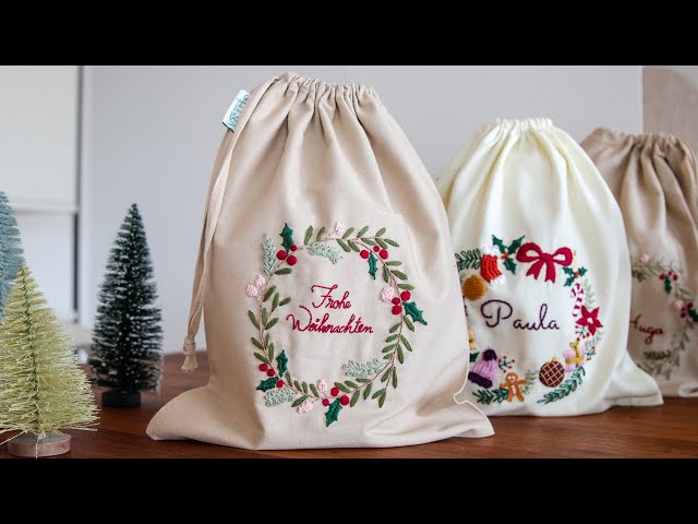 Bestickte Geschenksäckchen zu Weihnachten: Klassischer Winterkranz sticken