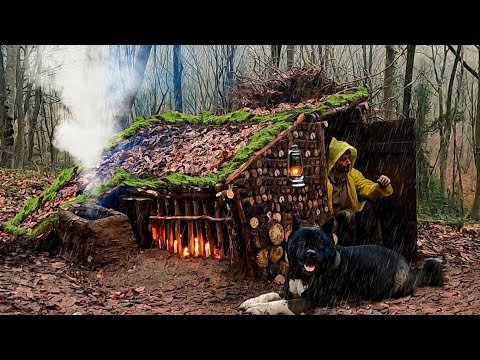 3 Days SOLO CAMPING In HEAVY RAIN - Building Warm BUSHCRAFT SHELTER & Fireplace - SURVIVAL Skills