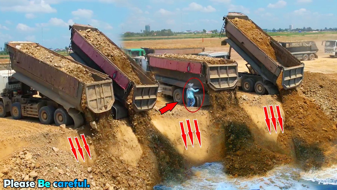 Great Action Landfilling Operation Heavy Dump Truck Unloading Stone Soil, Dozer KOMATSU D58P Pushing