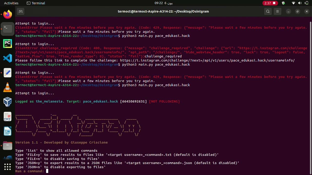 how to fix osintgram code  error 400