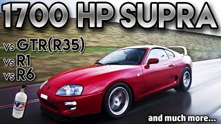 Toyota Supra 1700hp BIG Single Turbo vs GTR r35 vs r1 vs r6(antilag, 2 step,Straight from hell)