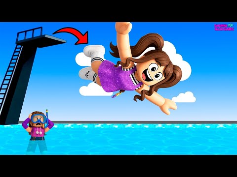 PULEI NA PISCINA DO TRAMPOLIM MAIS ALTO NO ROBLOX