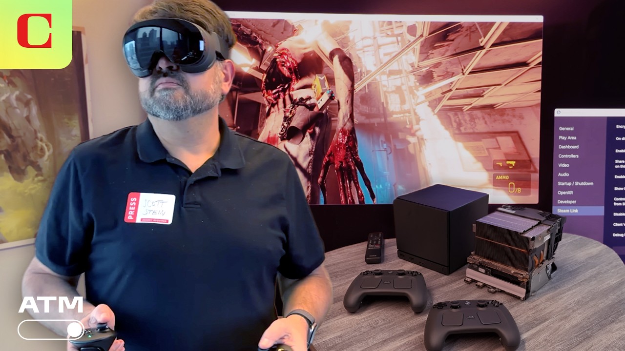 Steam Frame VR headset hands-on at Valve headquarters showing the lightweight design