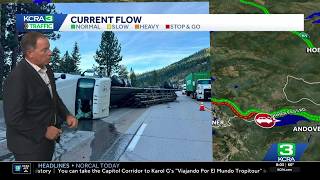 Big rig overturns on I-80 at the Donner Lake Interchange
