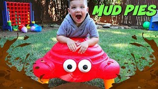 Caleb &amp; Mommy Play Outside Making Mud Pies ICE CREAM in GIANT Sand Crab Toy