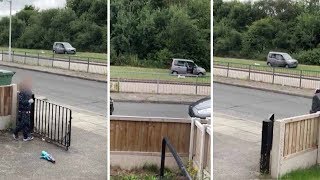 Lazy Owner Walks Dog From Inside Car